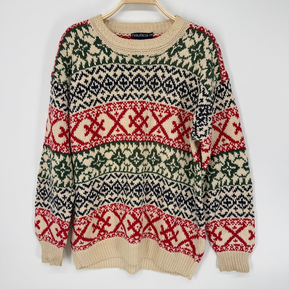 Nautica Sweater Mens Medium Cream Red Green Fair Isle Knit Excellent Vintage 91